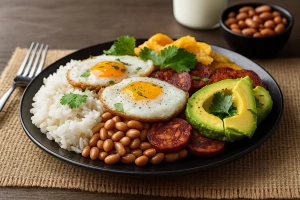 bandeja paisa tradicional colombiana con ingredientes típicos