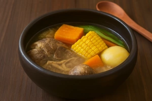 deliciosa cazuela chilena servida en un plato de barro