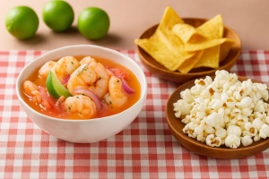 ceviche ecuatoriano de camarón servido en plato blanco con canguil