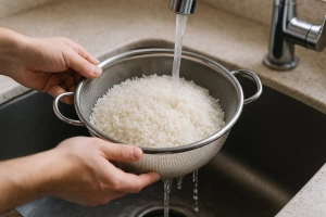 persona lavando arroz blanco en un colador bajo el grifo