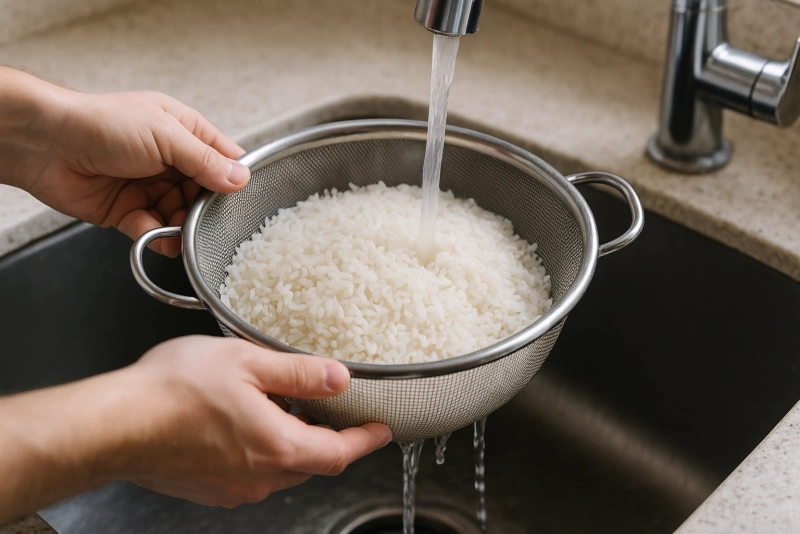 Descubre Cómo Lavar el Arroz Blanco para Eliminar Arsénico y Pesticidas persona lavando arroz blanco en un colador bajo el grifo