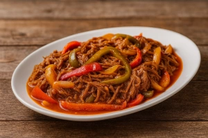 plato de ropa vieja cubana con arroz y plátanos maduros