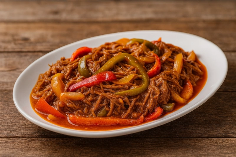 plato de ropa vieja cubana con arroz y plátanos maduros