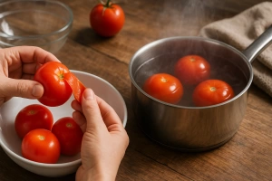 persona pelando tomates con agua caliente en la cocina