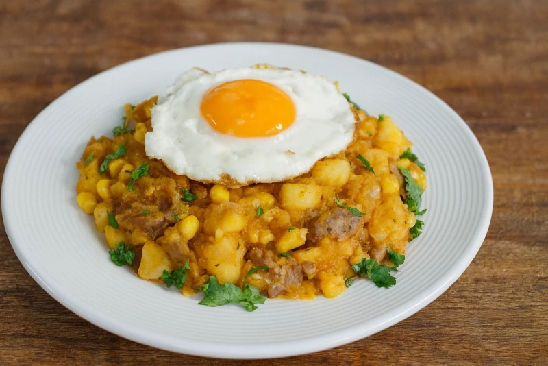 plato de charquicán chileno con papas y zapallo asado