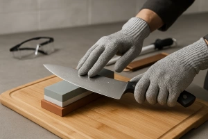 persona afilando un cuchillo con piedra para afilar en casa