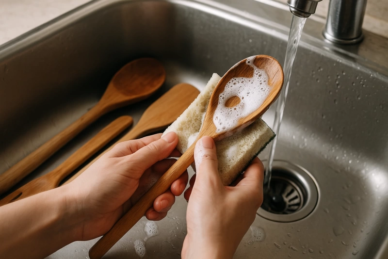 Cuidados Esenciales para Mantener Tus Utensilios de Madera Impecables y Duraderos persona lavando utensilios de madera en el lavatorio