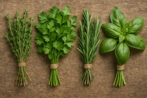 hierbas frescas en frascos de vidrio en una cocina acogedora