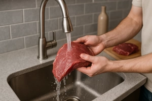 carne cruda lista para cocinar sin lavar en la cocina doméstica