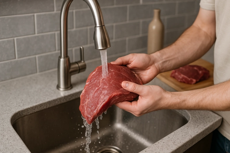 carne cruda lista para cocinar sin lavar en la cocina doméstica