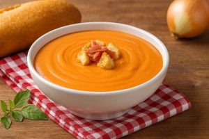 plato de salmorejo con huevo y jamón sobre una mesa