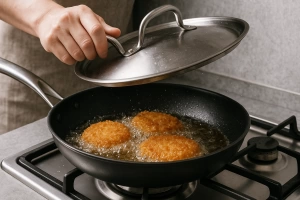 persona cocinando con sartén y aceite sin salpicaduras