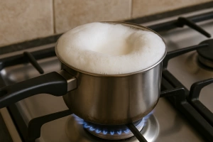 olla de leche hirviendo sin derrames en la cocina