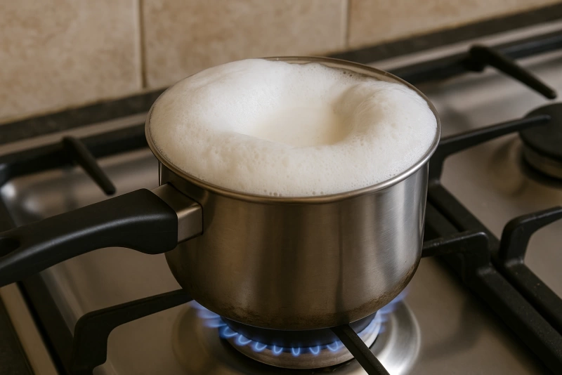 Trucos Prácticos para Evitar que la Leche Se Derrame al Hervir olla de leche hirviendo sin derrames en la cocina