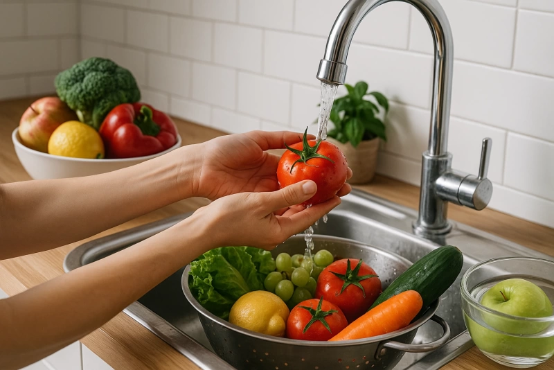 Trucos Caseros para Limpiar y Desinfectar Frutas y Verduras Naturalmente Frutas y verduras frescas listas tras limpieza natural