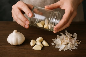 Manos pelando ajos fácilmente sin ensuciarse