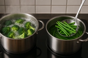 verduras en proceso de hervido y blanqueado en la cocina