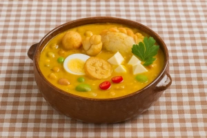 olla tradicional de fanesca con ingredientes variados