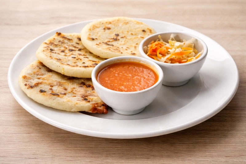 Deliciosas pupusas hondureñas recién hechas y acompañadas con salsas