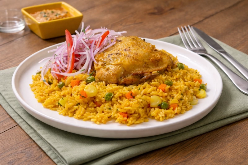 Delicioso arroz con pollo peruano servido en plato hondo