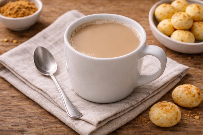 Taza de cocido quemado con leche humeante y espumoso