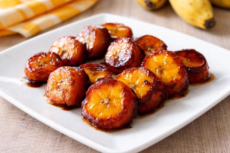 Deliciosos plátanos en tentación dorados y caramelizados
