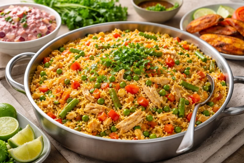Delicioso arroz con pollo costarricense en sartén grande