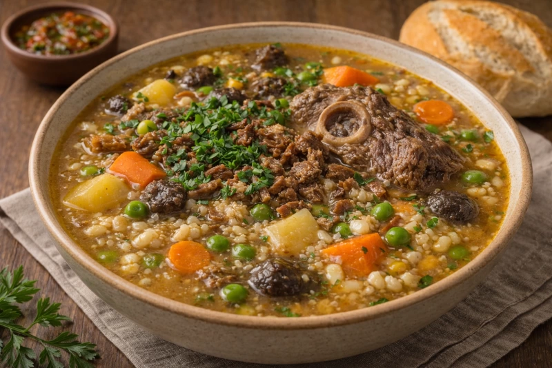 Plato de chairo paceño con carne papas y chuño