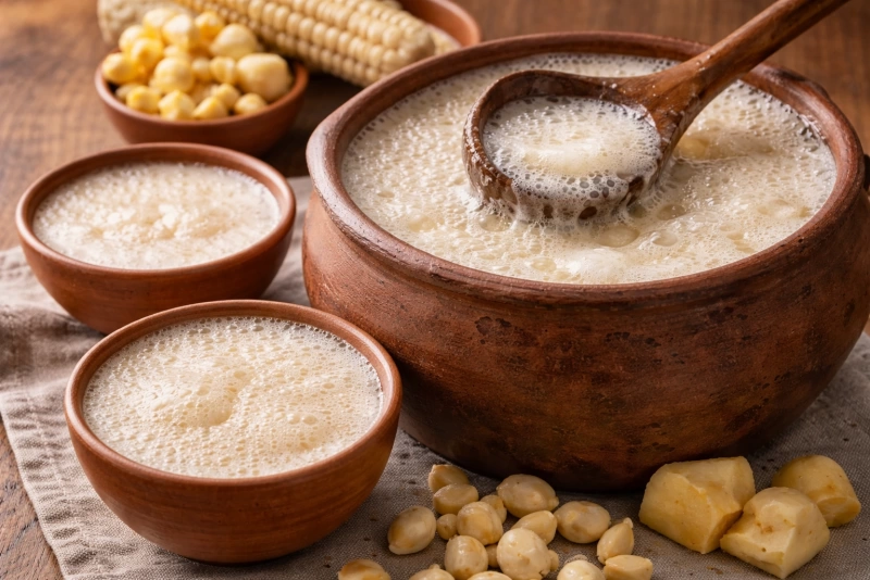 Deliciosa chicha de maíz boliviana en un vaso tradicional