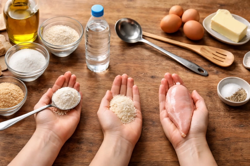 Manos midiendo ingredientes con utensilios de cocina caseros