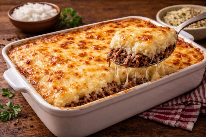 Escondidinho de carne seca y puré de yuca delicioso