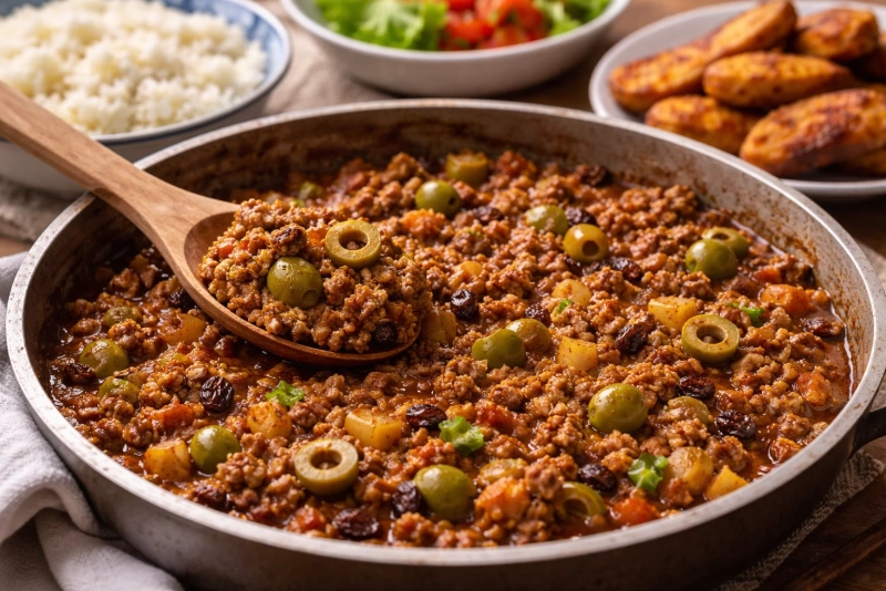Sartén de picadillo a la cubana con arroz y aceitunas verdes