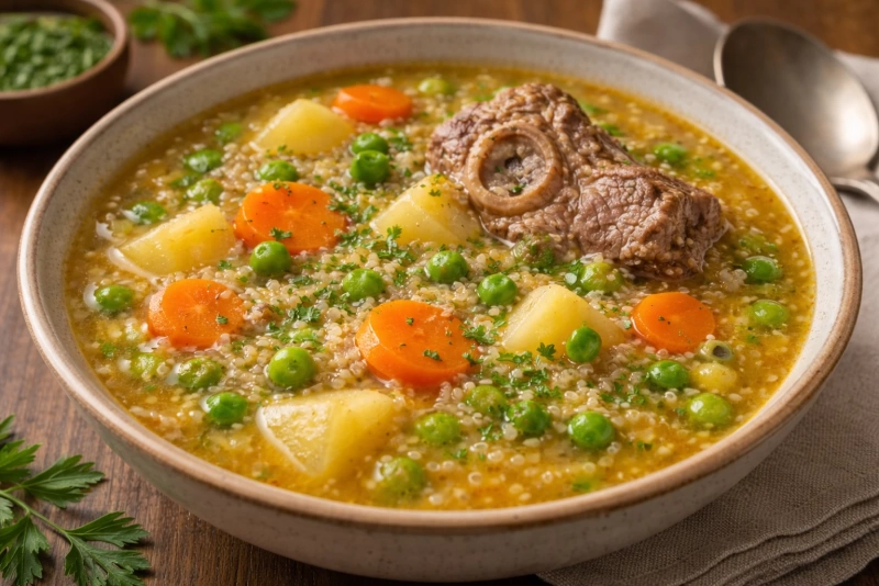 Deliciosa sopa de quinua boliviana servida en un plato hondo