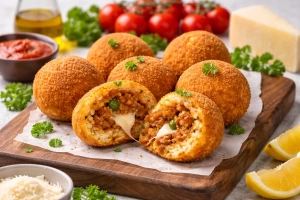 Deliciosos arancini siciliani dorados y crujientes