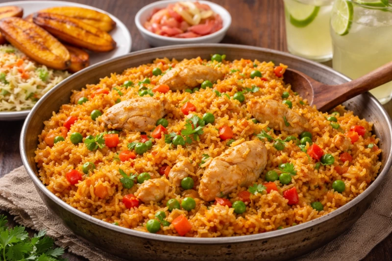 Delicioso arroz con pollo hondureño en una sartén amplia