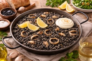 Delicioso arroz negro con calamares y alioli casero