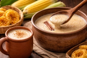 Delicioso atol de elote hondureño servido en olla y taza de barro