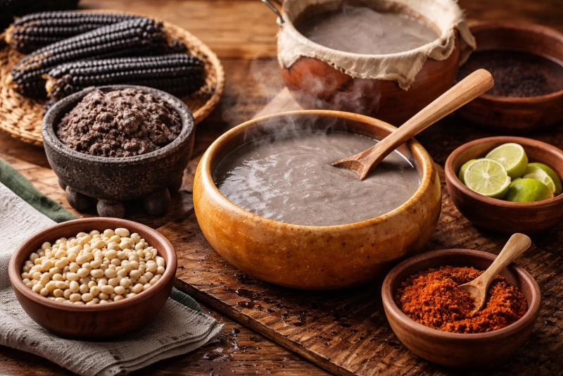 Persona sirviendo atol shuco en un vaso de barro