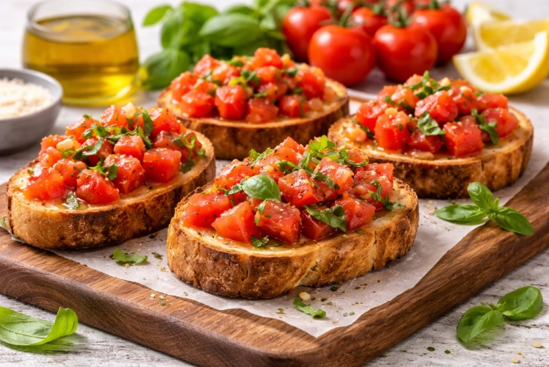 Bruschetta classica con tomate y albahaca fresca