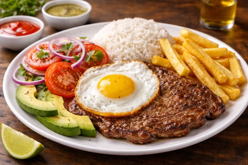Delicioso churrasco ecuatoriano servido en plato tradicional