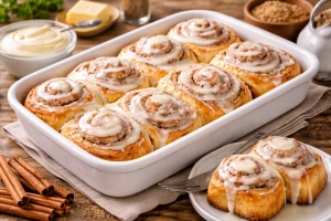 Deliciosos cinnamon rolls recién horneados y glaseados
