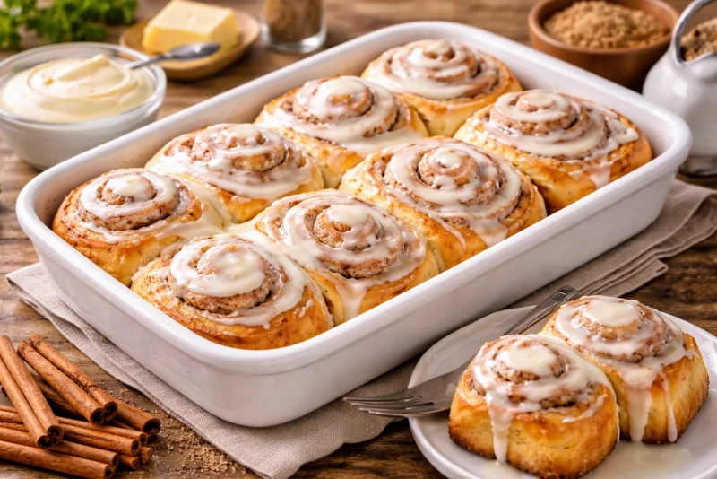Deliciosos cinnamon rolls recién horneados y glaseados