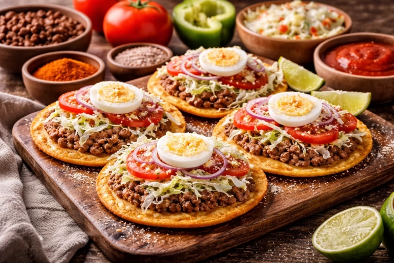 Plato de enchiladas salvadoreñas con ingredientes frescos