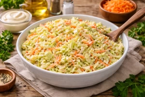 Ensalada de col fresca y cremosa en un tazón blanco