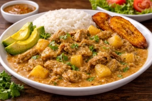 Plato de guatita ecuatoriana con arroz y aguacate