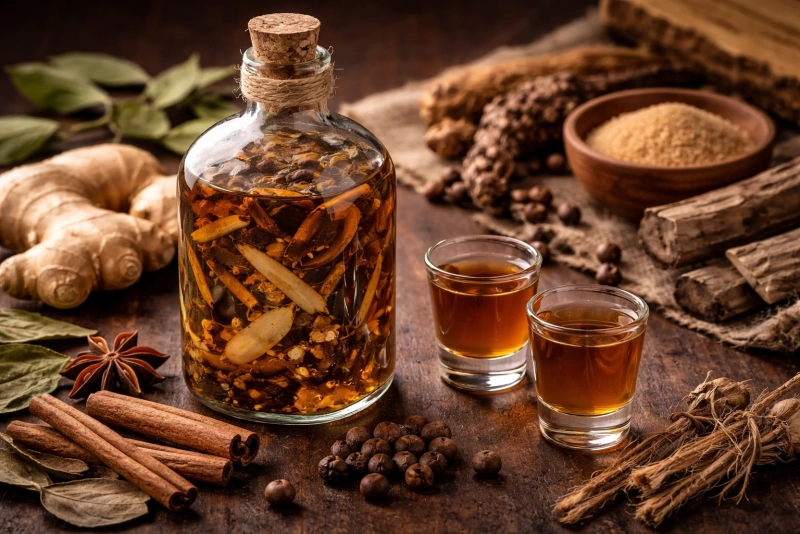 Botella y vasitos con guifiti garífuna hondureño