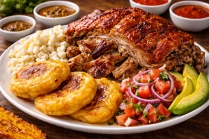 Hornado ecuatoriano servido con mote y aguacate