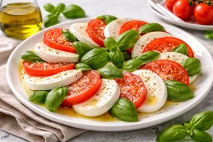 Ensalada caprese con tomate mozzarella y albahaca fresca