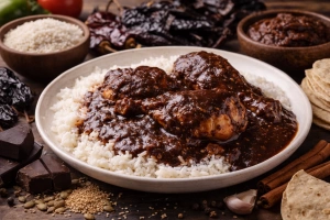Delicioso mole guatemalteco servido con arroz y tortillas