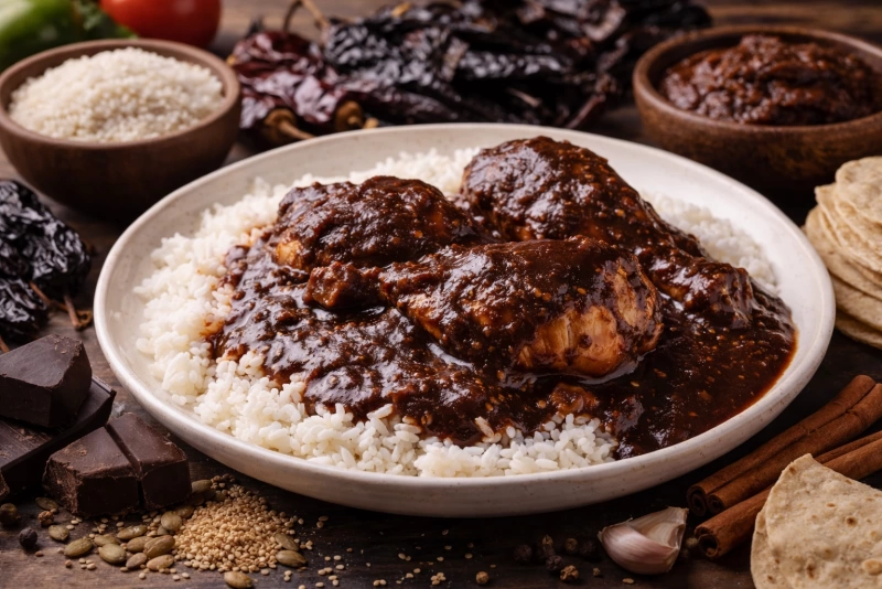 Delicioso mole guatemalteco servido con arroz y tortillas